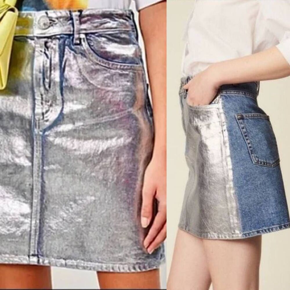 Sandro Silver Metallic Denim Mini Skirt 1